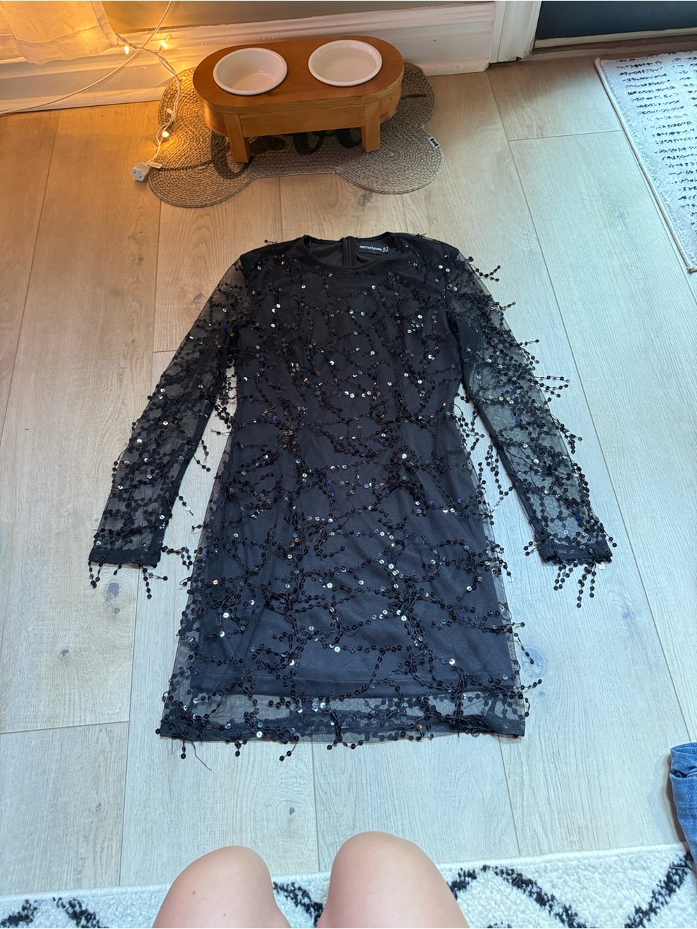 PrettyLittleThing Black Beaded Mesh Long Sleeve Dress